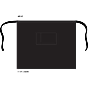 A black short waist apron with ties and a pocket, measuring 84cm x 69cm, featuring a logo.