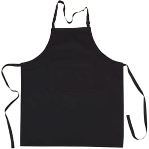 A black bib apron with a front pocket and adjustable neck straps, featuring long waist ties.