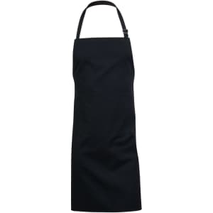 A black bib apron featuring an adjustable neck strap and a front pocket. It has a logo on the front.
