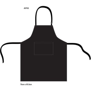 A black bib apron with adjustable neck strap and waist ties, featuring a front pocket. Dimensions: 70cm x 85.5cm.