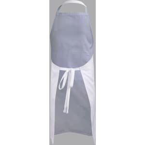 A bib apron featuring a grey top and white lower section, with an adjustable neck strap and a tied waist.