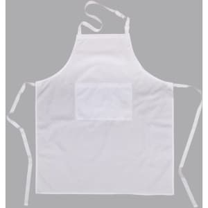 A white bib apron with a pocket and adjustable ties, featuring a logo on the front.