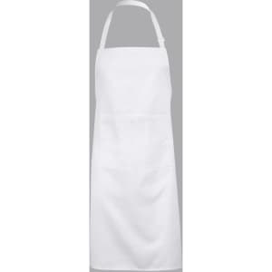 A white bib apron with adjustable neck strap and a front pocket. It features a simple design and has a logo.