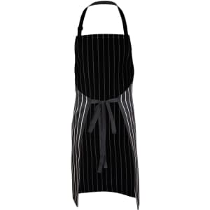A black and white striped butcher's apron with a tie at the waist and a logo. Suitable for workwear.