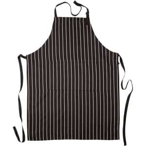 A black and white striped butcher's apron featuring a front pocket and adjustable ties.