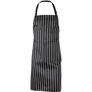 A black and white striped butcher's apron with a neck strap, featuring a logo.