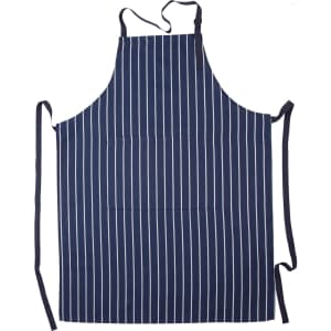 A navy and white striped apron with a front pocket and long ties for adjustment. Features a logo.