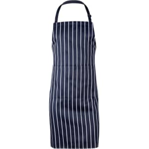 A navy blue butcher's apron with white stripes and an adjustable neck strap, featuring a logo.