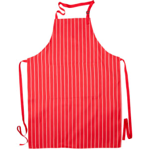 A red and white striped butcher's apron with ties and pockets. It features a logo on the fabric.