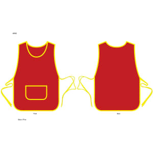 A red ladies' smock apron with yellow trim and a front pocket, featuring ties on the sides.