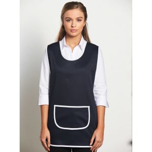 A navy ladies' smock with a white trim and a front pocket, worn over a white collared shirt.