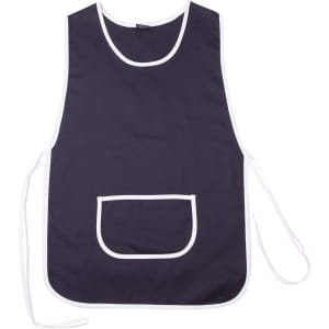 A navy blue ladies' smock with white trim and a front pocket, featuring ties on the sides.