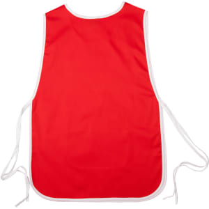 A red ladies' smock apron with white trim and ties at the back. The back view is displayed.