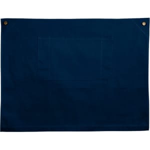 A navy canvas short waist apron featuring a front pocket and metal button accents.