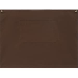 A brown canvas short waist apron with a front pocket and two side snaps. Features a simple design.
