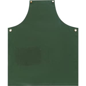 A dark green canvas bib apron featuring a front pocket and buttons at the neck for fastening.