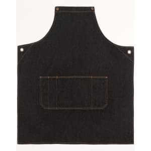 A dark denim bib apron featuring a front pocket and metal eyelets. It has a simple, durable design suitable for work.