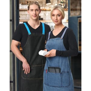 Denim bib aprons in dark blue and light blue, featuring pockets and adjustable straps, worn by two models.