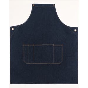 A denim bib apron in a dark blue shade featuring a front pocket and metal eyelets. It has a simple, classic design.