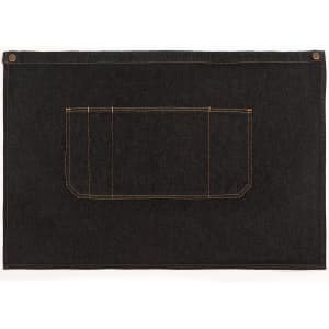 Denim half apron in dark blue with an orange-stitched pocket and a button closure. Features a logo on one side.