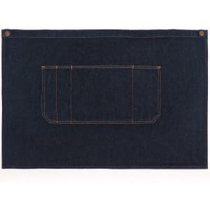 A denim half apron in dark blue, featuring a front pocket and two brass buttons.