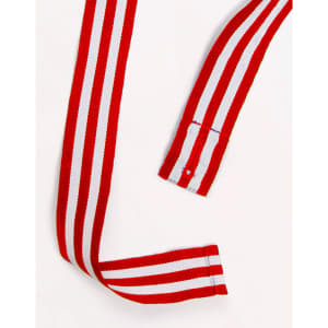 Red and white striped apron straps featuring a logo and finished ends.