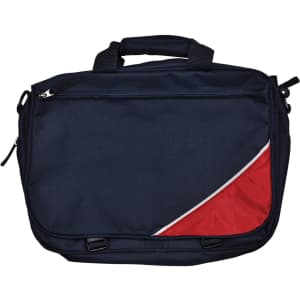 A navy blue satchel/shoulder bag with a red accent and a logo, featuring multiple compartments and a carry handle.