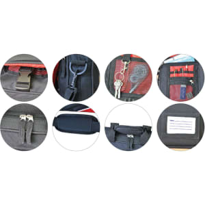 A black and red flap satchel/shoulder bag featuring various clips, zippers, and interior pockets. It includes a logo.