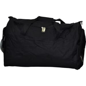A black duffle bag with a zippered closure and shoulder straps, featuring a mesh pocket on one side.