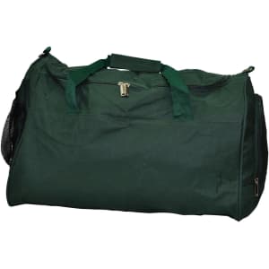 A dark green duffle bag with dual handles and a mesh pocket on one side. It features a zipper closure and branding.