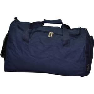 A navy blue duffle bag with a zippered opening, sturdy handles, and a side mesh pocket.