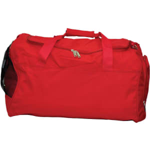 A red duffle bag with a zippered closure and mesh side pockets. It has sturdy handles for easy carrying.