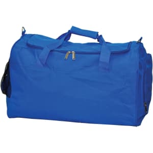A blue duffle bag with dual handles, zip closure, and a mesh side pocket, featuring a logo.