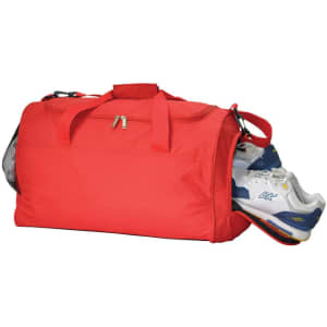 A red duffle bag with a pair of shoes partially visible, featuring a logo on the side.