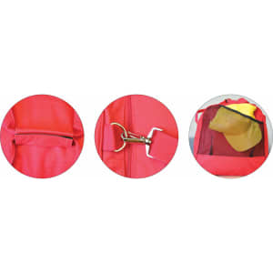 A red duffle bag featuring a zipper, clip, and mesh pocket. It contains a yellow cap inside.