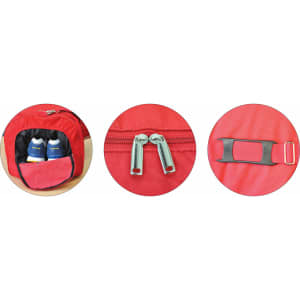 A red duffle bag with a zippered compartment revealing shoes, featuring dual zippers and a buckle strap.