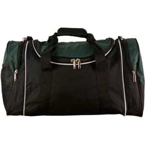 A black and green duffle bag with dual handles and zippered compartments, featuring a logo.