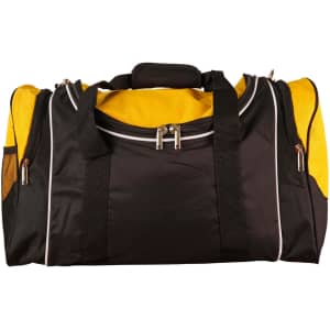 A black and yellow duffle bag with a front zip and side mesh pocket. It has a logo displayed on it.