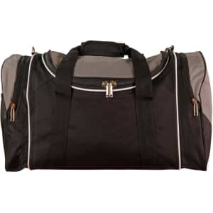 A black and grey duffle bag with dual handles and a zipper compartment, featuring a logo on the side.