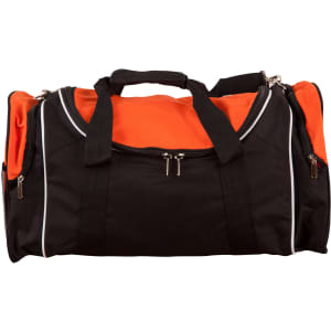 A black and orange duffle bag with zippers and handles, featuring a logo on the side.