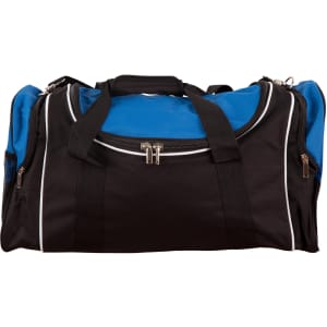 A black and blue duffle bag with a zippered main compartment and side pockets, featuring sturdy handles.