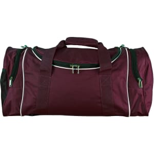 A maroon duffle bag with zippered compartments, featuring green accents and handles, and a logo on the side.
