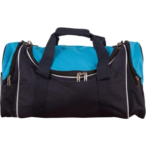 A duffle bag in navy blue and turquoise, featuring a zippered main compartment and carry handles. It has a logo.