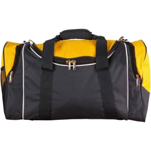 A black and yellow duffle bag with two handles and a zippered compartment, featuring a logo on the side.