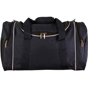 A black duffle bag with contrasting white piping, featuring dual handles and a zippered closure. It has a logo.
