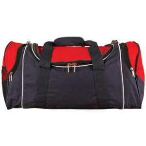 A navy and red duffle bag with black straps and zippers, featuring a logo on the front.