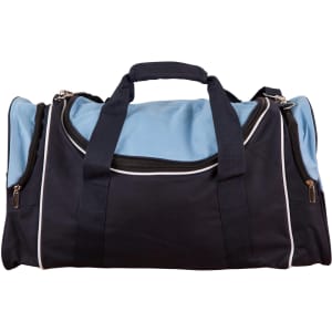 A duffle bag in navy blue and light blue with a zip closure and two side pockets. It features a logo.