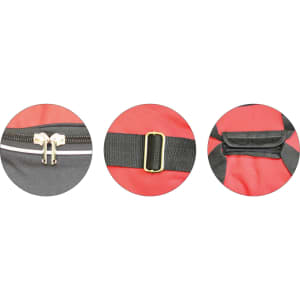 A red and black duffle bag featuring zippers, adjustable straps, and a branded logo.