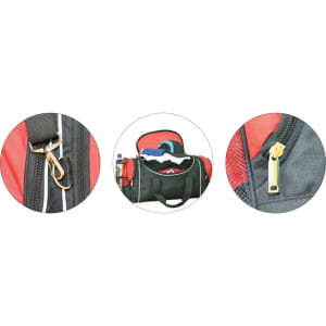 A black and red duffle bag with a zipper, inside are clothes and a drink bottle. The bag features a logo.