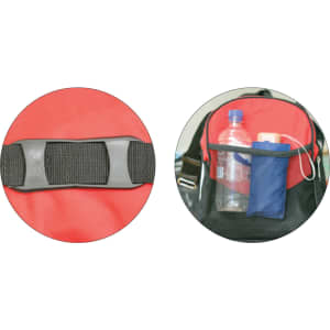 A red and black duffle bag featuring a strap buckle and a front pocket with a drink bottle and rolled-up item.